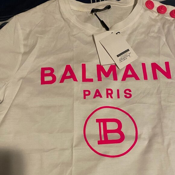 Balmain Paris Essential White Cotton Flocked Logo Button Detail Tee Shirt Small - Picture 4 of 5